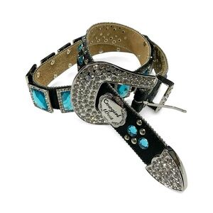 Cowgirl Tuff Black and Turquoise Crystal Belt Bling Rhinestone Gems 5213